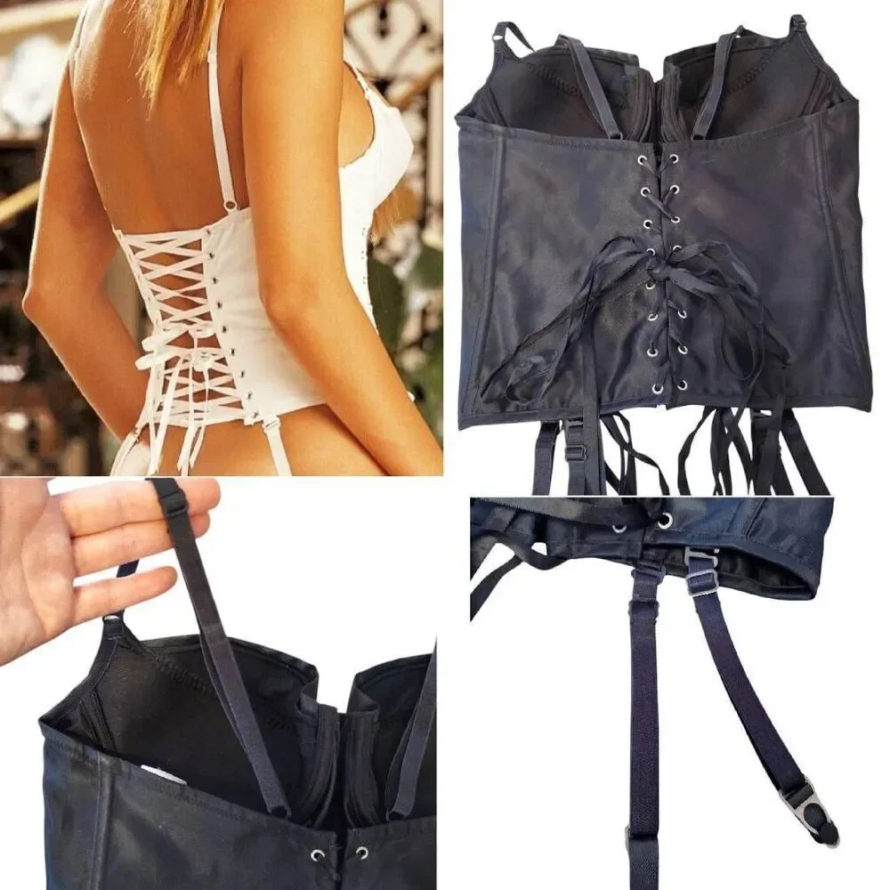 VTG Black Satin Shirley‎ Of Hollywood Lace Up Corset with Garters 38B-D